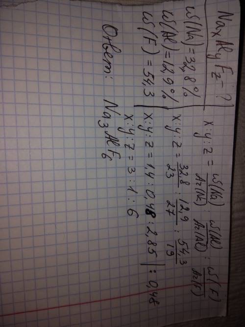 Вывести формулу вещества в котором содержится na 32,8 al 12,9 f 54,3