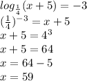 log_ \frac{1}{4} (x+5) = -3\\&#10;( \frac{1}{4} )^{-3} = x+5\\&#10;x+5 = 4^3\\&#10;x + 5 = 64\\&#10;x = 64 - 5\\&#10;x = 59