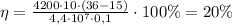 \eta=\frac{4200 \cdot 10 \cdot (36-15)}{4,4 \cdot 10^7 \cdot 0,1}\cdot 100 \%=20 \%