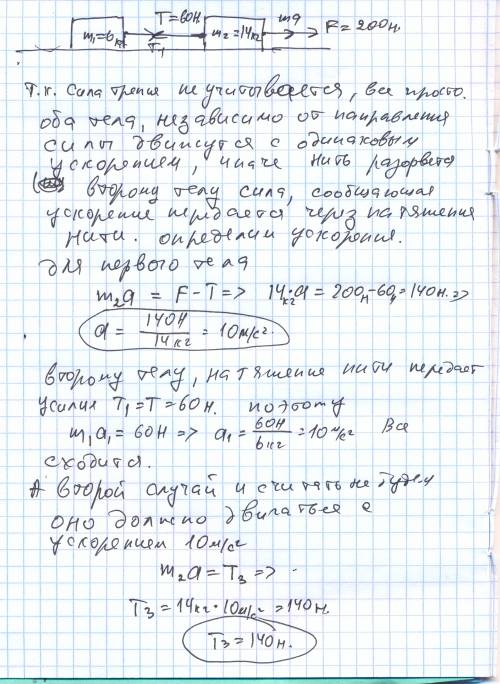 Два тела, связанные нитью, движутся по горизонтальной плоскости под действием силы 200н, направленно