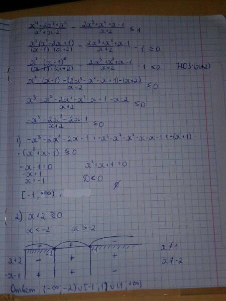 Решить неравенство (x^4-2x^3+x^2)/(x^2+x-2) - (2x^3+x^2+x-1)/(x+2)< =1