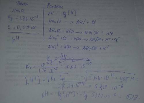 Вычислить рн растворов следующих солей: раствор nh4cl; kв (nh3•н2o)=1,76⋅10-5 концентрация 0,05 м