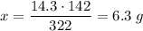 x = \dfrac{14.3 \cdot 142}{322} = 6.3 \; g