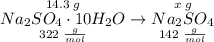 \overset{14.3 \; g}{\underset{322 \; \frac{g}{mol}}{Na_{2}SO_{4} \cdot 10H_{2}O}} \to \overset{x \; g}{\underset{142 \; \frac{g}{mol}}{Na_{2}SO_{4}}}