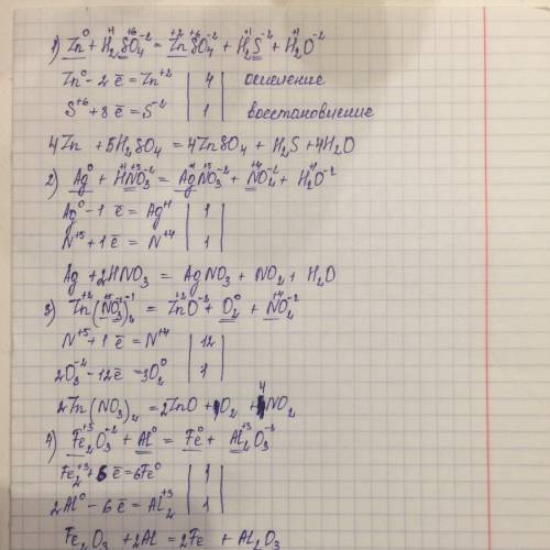 Расставьте коэффициенты в данных уравнениях методом электронного 1)zn+h2so4-> znso4+h2s+h2o 2)ag+