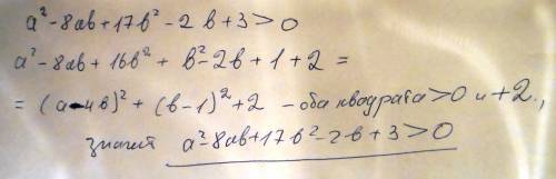 Доведiть, що при всіх дійсних значеннях змінних є правильною нерiвнiсть a²-8ab+17b²-2b+3> 0