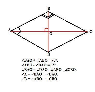 Сторона ромба образует с его диагоналями углы разность которых равна 35°. определите углы ромба.