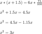 x*(x+1.5) =6x* \frac{75}{100} \\ \\ x^{2} +1.5x =4.5x \\ \\ x^{2} =4.5x-1.15x \\ \\ x^{2} =3x
