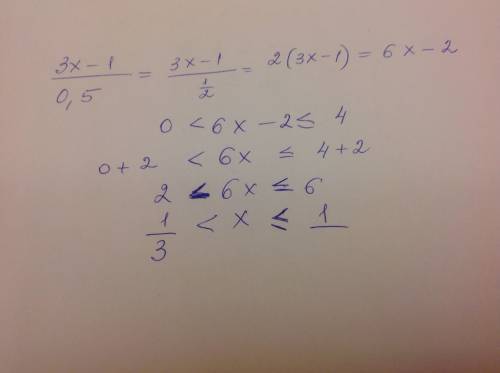 При каких значениях переменной х, значение дроби (3х-1)/0.5 принадлежит (0; 4]?