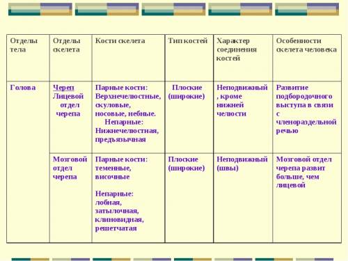 Отделы тела отделы скелета кости скелета типы костей характер соединения костей особенности скелета