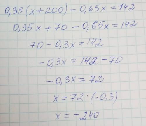 Решите уравнение 0,35(x+200)-0,65x=142