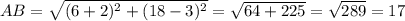 AB= \sqrt{(6+2)^2+(18-3)^2}= \sqrt{64+225}= \sqrt{289}=17