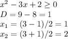 x^2-3x+2 \geq 0 \\ D=9-8=1 \\ x_1=(3-1)/2=1 \\ x_2=(3+1)/2=2