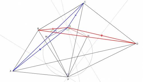 Вчетырехугольнике abcd диагонали равны. серединные перпендикуляры к отрезкам ab и cd пересекаются в