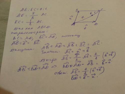 Векторы. в параллелограмме abcd точка e делит диагональ ac на части ae : ec=7: 1.выразите векторы ае