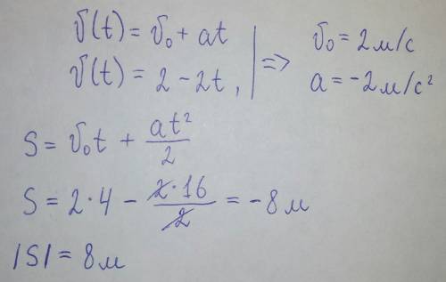 С10 класс. уравнение скорости тела имеет вид v(t) = 2-2t , найти перемещение за 4 сек