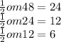 \frac{1}{2} om 48 = 24 \\ \frac{1}{2} om 24 = 12 \\ \frac{1}{2} om12 = 6