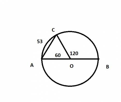 Вокружности с центром о проведен диаметр ав и взята точка с так, что угол сов равен 120 градус. ас=5