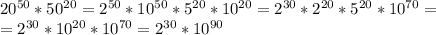 20^{50}*50^{20}=2^{50}*10^{50}*5^{20}*10^{20}=&#10;2^{30}*2^{20}*5^{20}*10^{70}= \\ =2^{30}*10^{20}*10^{70}=2^{30}*10^{90}