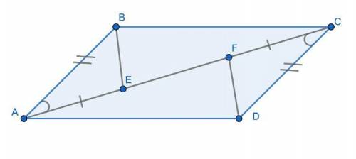 На диагонали ac параллелограмма abcd отметили точки e и f так, что ae=cf ( точка e лежит между точка