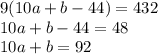 9(10a+b-44)=432&#10;\\\&#10;10a+b-44=48&#10;\\\&#10;10a+b=92