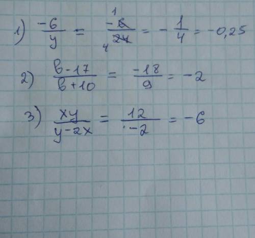 Обчисліть значення раціонального дробу: 1) -6/yпри у= 24; 2) b-17/b+10при b=-1 23)xy/y -2xпри x=3 ,