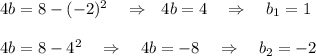 4b=8-(-2)^2~~~\Rightarrow~~ 4b=4~~~\Rightarrow~~~ b_1=1\\\\ 4b=8-4^2~~~\Rightarrow~~~ 4b=-8~~~\Rightarrow~~~ b_2=-2