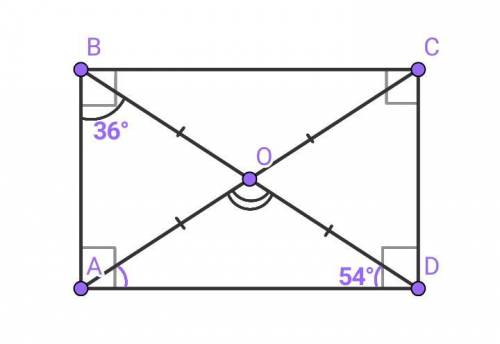 №1. диагонали прямоугольника abcd пересекаются в точке о, ∟аво=360. найдите угол aod.