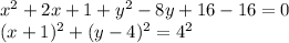 x^2+2x+1+y^2-8y+16-16=0\\ (x+1)^2+(y-4)^2=4^2