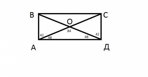 Диагонали прямоугольника авсд пересекаются в точке о. угол сдо=42 градусам. найдите угол сов