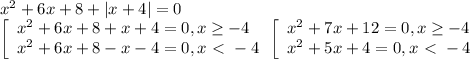 x^2+6x+8+|x+4|=0 \\ \left[\begin{array}{l}&#10;x^2+6x+8+x+4=0,x \geq -4 \\ x^2+6x+8-x-4=0,x\ \textless \ -4 \end{array} \\&#10;\left[\begin{array}{l} x^2+7x+12=0,x \geq -4 \\ x^2+5x+4=0,x\ \textless \ -4&#10;\end{array}