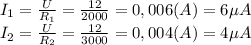 I_1=\frac{U}{R_1}=\frac{12}{2000}=0,006(A)=6\mu A\\I_2=\frac{U}{R_2}=\frac{12}{3000}=0,004(A)=4\mu A