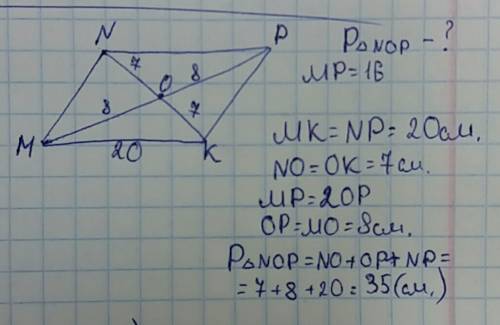 Диагонали параллелограмма mnpk пересекаются с точкой o.найдите периметр треугольника nop,если mk=20,