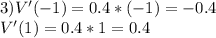 3) V'(-1) = 0.4 * (-1) = -0.4 \\ V'(1) = 0.4 * 1 = 0.4