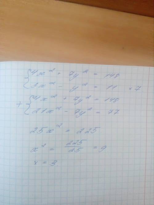 Нужна по (4x^2+7y^2=148) (3x^2-y^2=11 ) решите от этого зависит моя чет оценка