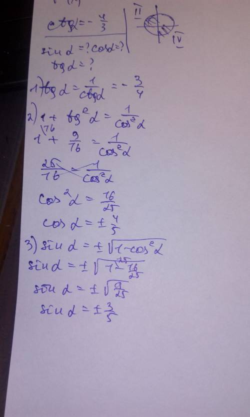 Тригонометрия: известен ctg = -4/3 нужно найти sin, cos, tg. please help me.