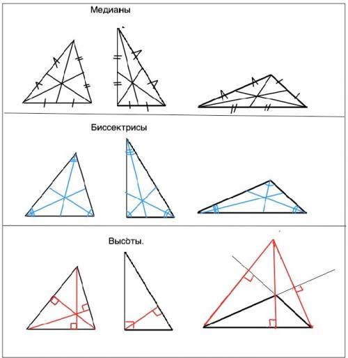 На альбомных листах (а4) в каждом из треугольников (остроугольном, прямоугольном и тупоугольном) про