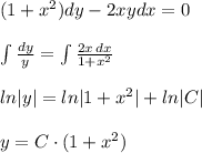 (1+x^2)dy-2xydx=0\\\\ \int \frac{dy}{y}=\int \frac{2x\, dx}{1+x^2} \\\\ln|y|=ln|1+x^2|+ln|C|\\\\y=C\cdot (1+x^2)