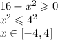 16-x^2\geqslant0\\&#10;x^2\leqslant4^2\\&#10;x\in[-4,4]