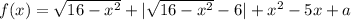f(x)=\sqrt{16-x^2}+|\sqrt{16-x^2}-6|+x^2-5x+a
