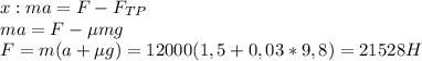 x:ma=F-F_{TP} \\ ma=F-\mu mg \\ F=m(a+\mu g)=12000(1,5+0,03*9,8)=21528H