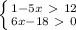 \left \{ {{1-5x\ \textgreater \ 12} \atop {6x-18\ \textgreater \ 0}} \right.