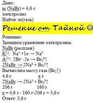 Рассчитайте массу газа выделяющегося на аноде когда 4.6 г сплава бромида натрия подвергают электроли