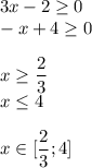 3x-2 \geq 0 \\ -x+4 \geq 0 \\ \\ x \geq \dfrac{2}{3} \\ x \leq 4 \\ \\ x \in [ \dfrac{2}{3};4]