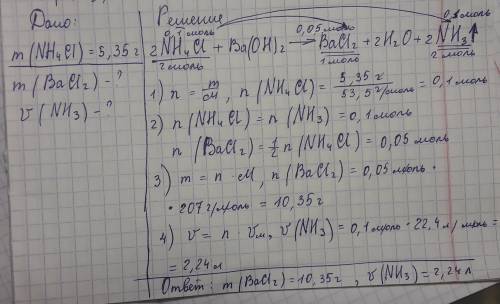 Обчисліть об'єм газу та масу солі, що утворять я в результаті взаємодії амоній хлориду масою 5,35 г