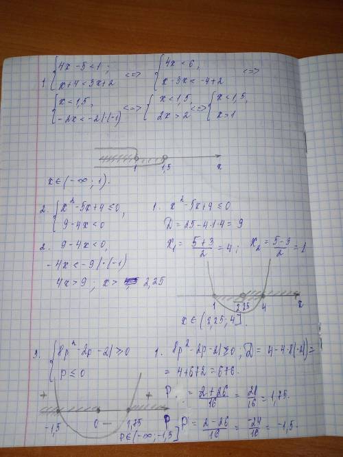 Система неравенств {4x-5< 1 и {x+4< 3x+2 {x^2-5x+4< =0 и {9-4x< 0 {8p^2+2p-21=> 0 и {