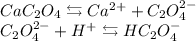 \begin{array}{l} CaC_{2}O_{4} \leftrightarrows Ca^{2+} + C_{2}O_{4}^{2-} \\ C_{2}O_{4}^{2-} + H^{+} \leftrightarrows HC_{2}O_{4}^{-} \end{array}