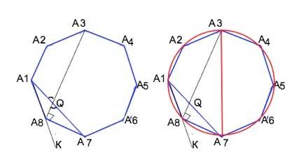А1, – правильный 8-угольник. отрезки а1а7 и а3а8 пересекаются в точке q. найдите (в градусах) угол а