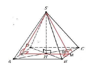 Двугранный угол при ребре основания правильной четырехугольной пирамиды равна 60 °, а апофема -10 см
