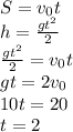 S=v_0t \\ h= \frac{gt^2}{2} \\ \frac{gt^2}{2}=v_0t \\ gt=2v_0 \\ 10t=20 \\ t=2